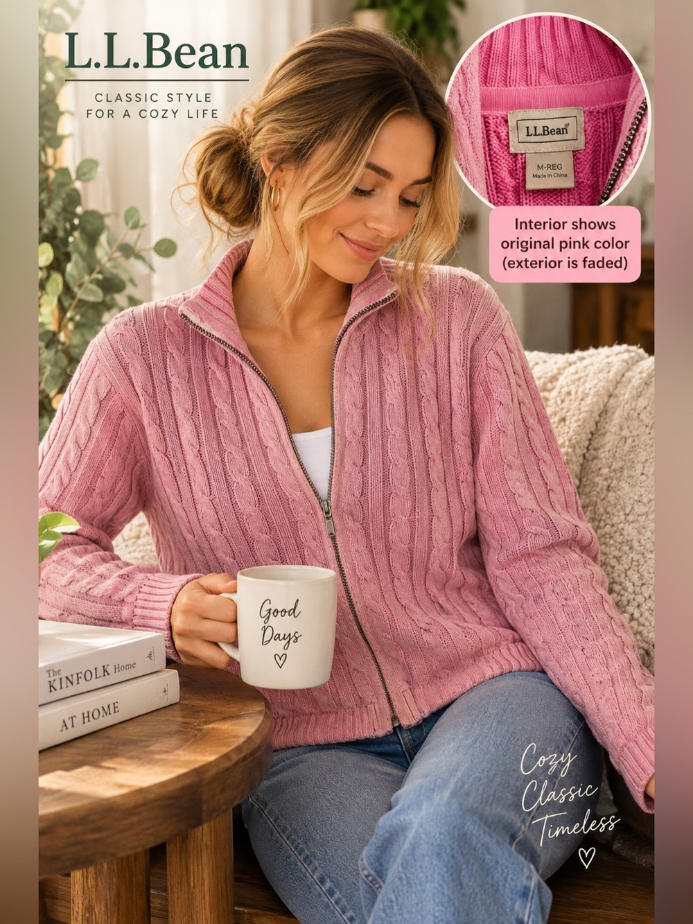 L.L.Bean Pink Cable Knit Full Zip Cotton Cardigan Sweater Size M Faded